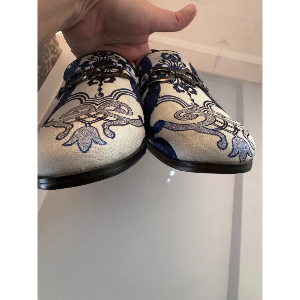 Successo Uomo by Puita Mens Blue White Jacquard Damask Bit Loafers Dress Shoes